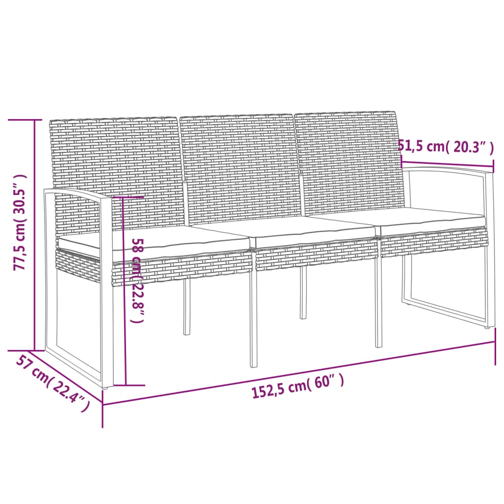 Tuinbank 3-Zits Met Kussens Polypropeen Rattan Zwart 1