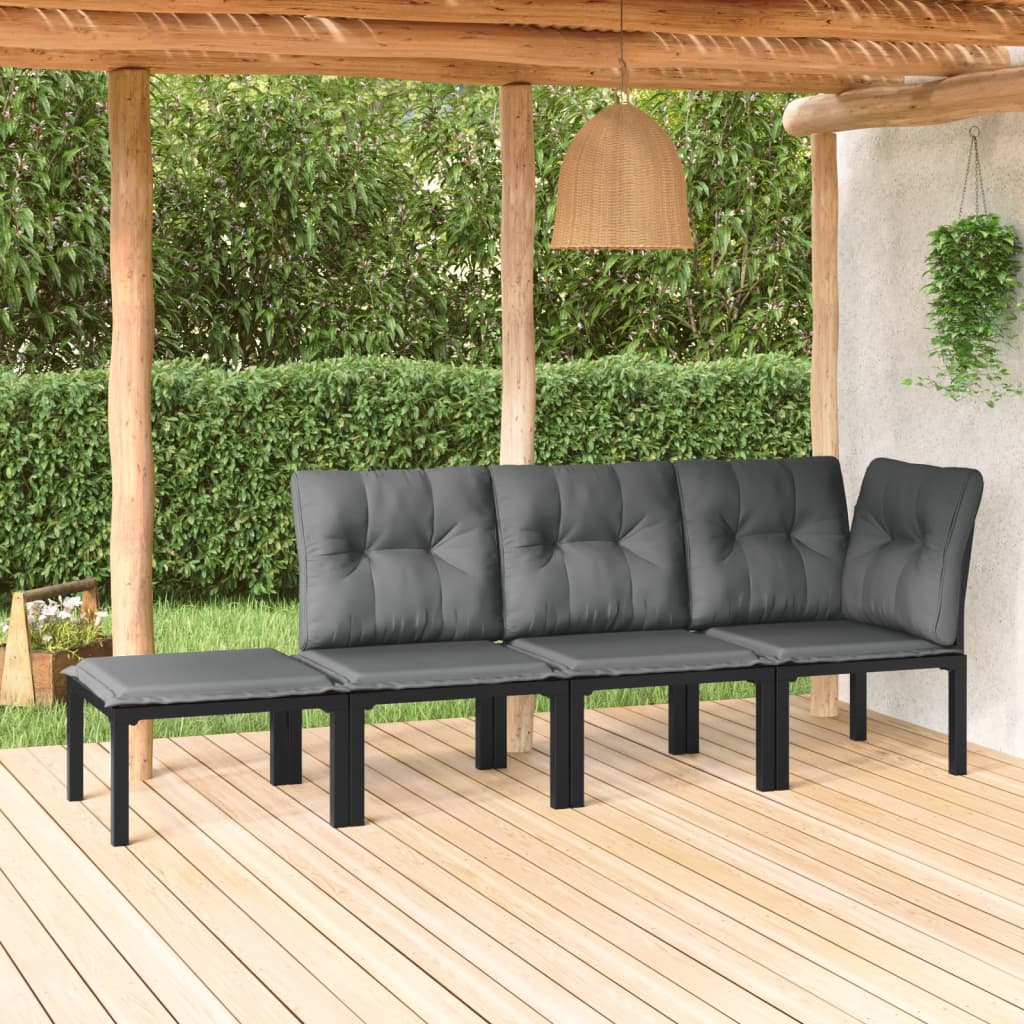 4-Delige Loungeset Poly Rattan Zwart En Grijs 1 hoek + 2x midden + voetensteun