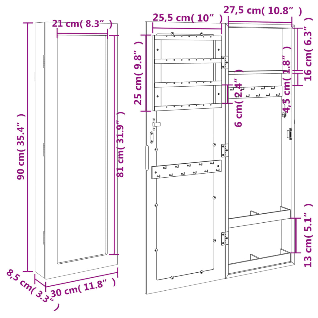 Sieradenkast met spiegel wandgemonteerd 30x8,5x90 cm wit