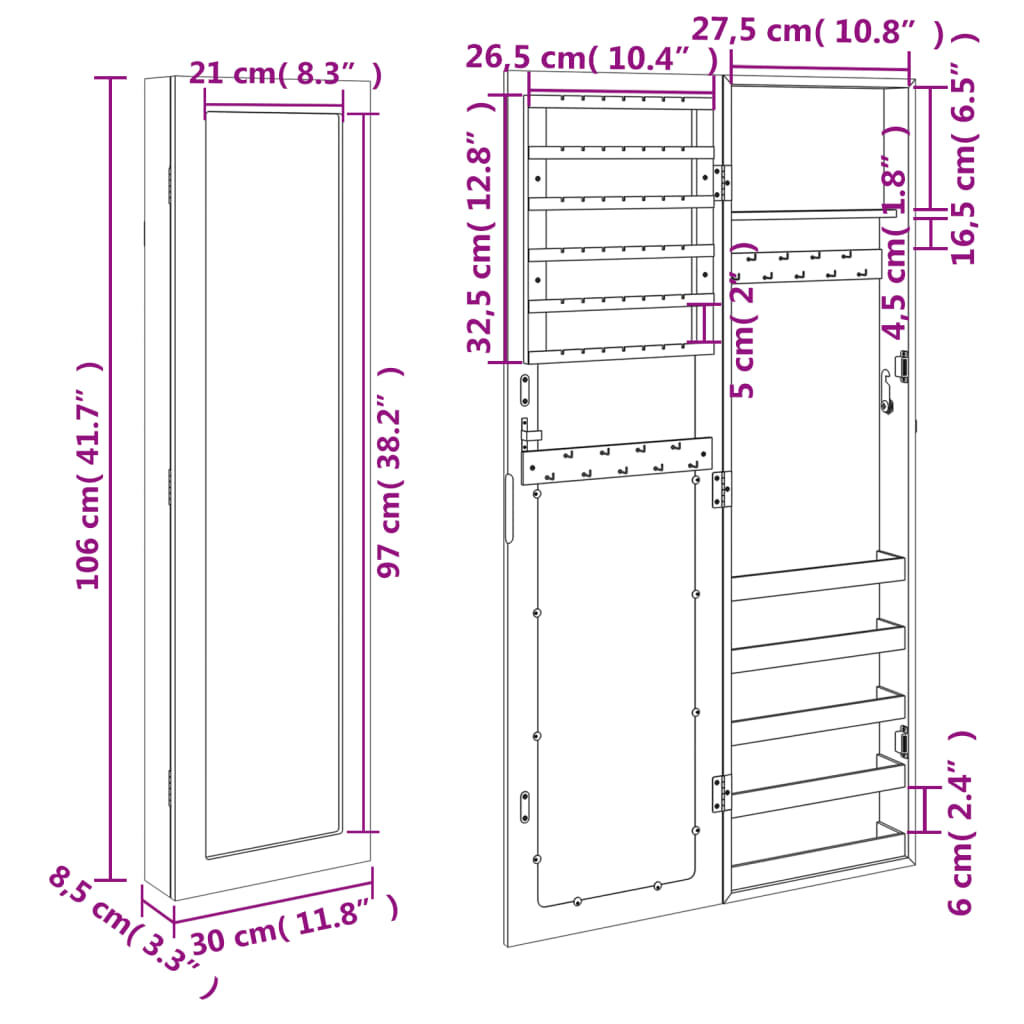 Sieradenkast met spiegel wandgemonteerd 30x8,5x106 cm wit