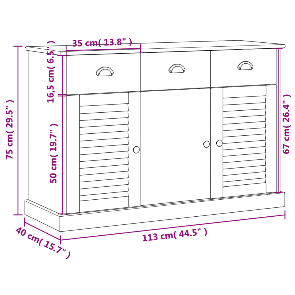 Dressoir met lades VIGO 113x40x75 cm massief grenenhout wit