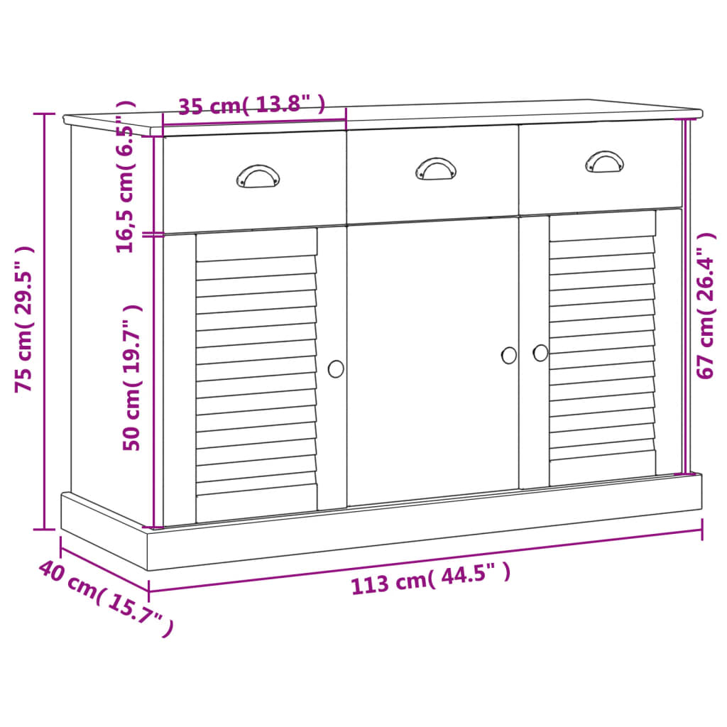 Dressoir met lades VIGO 113x40x75 cm massief grenenhout grijs