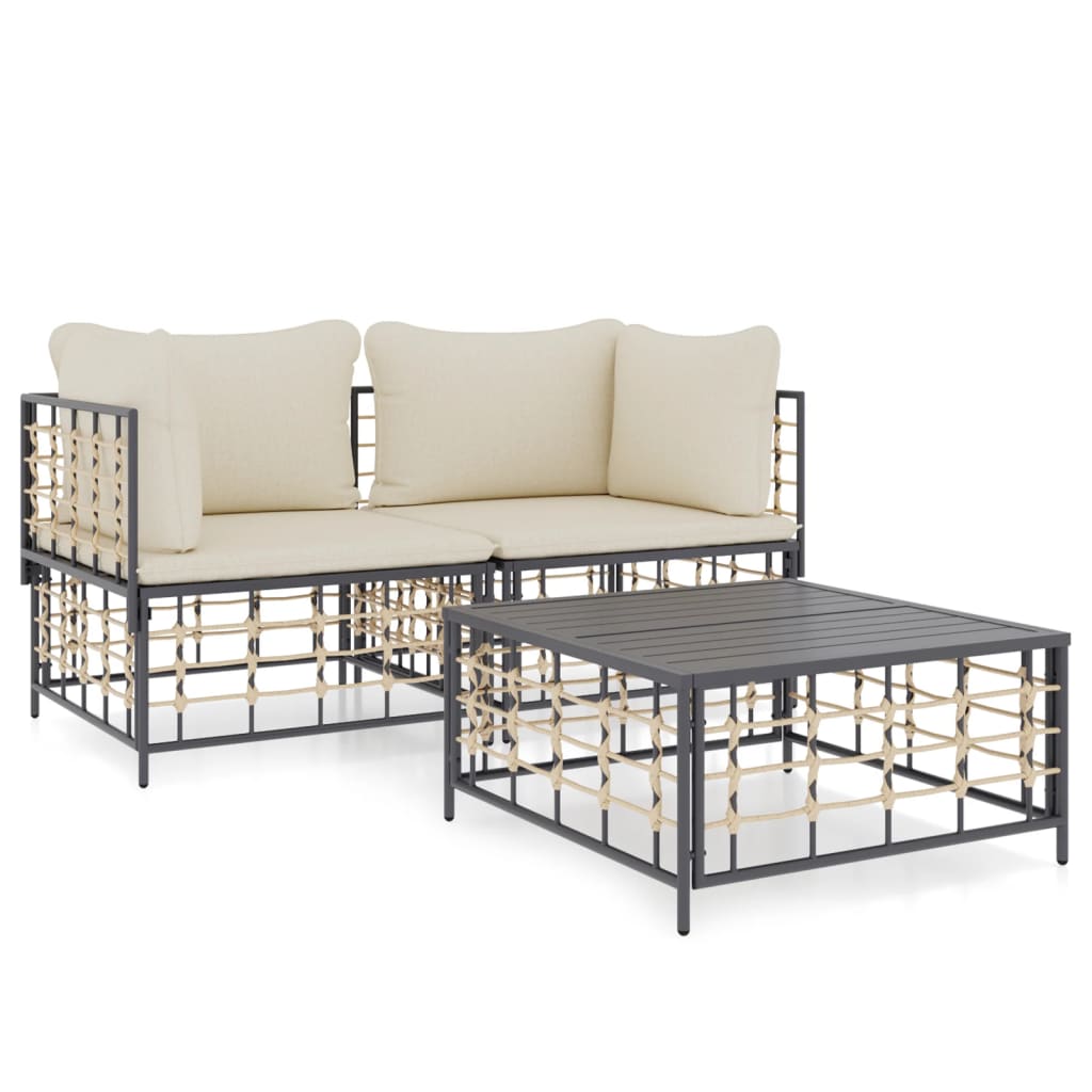 3-Delige Loungeset Met Kussens Poly Rattan Antracietkleurig 1 Beige 2x hoek + Tafel