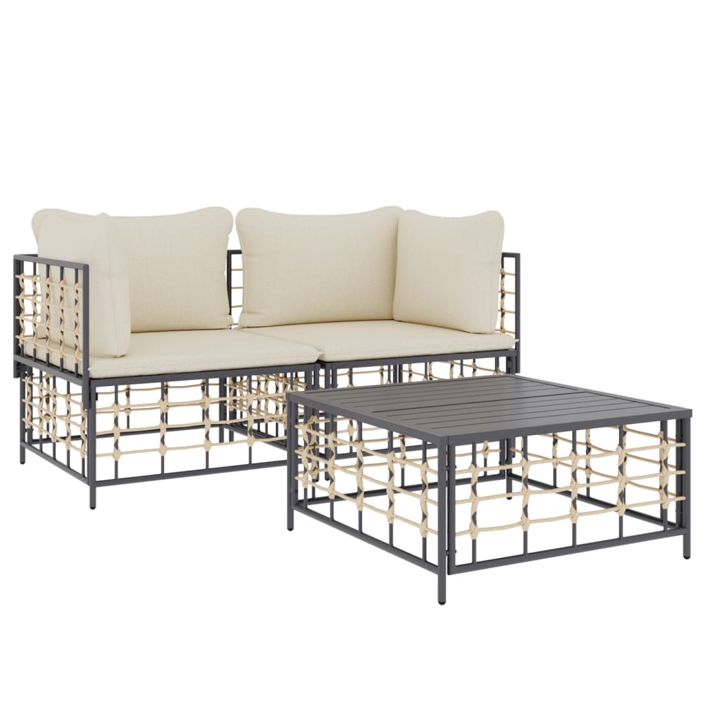 3-Delige Loungeset Met Kussens Poly Rattan Antracietkleurig 1 Beige 2x hoek + Tafel