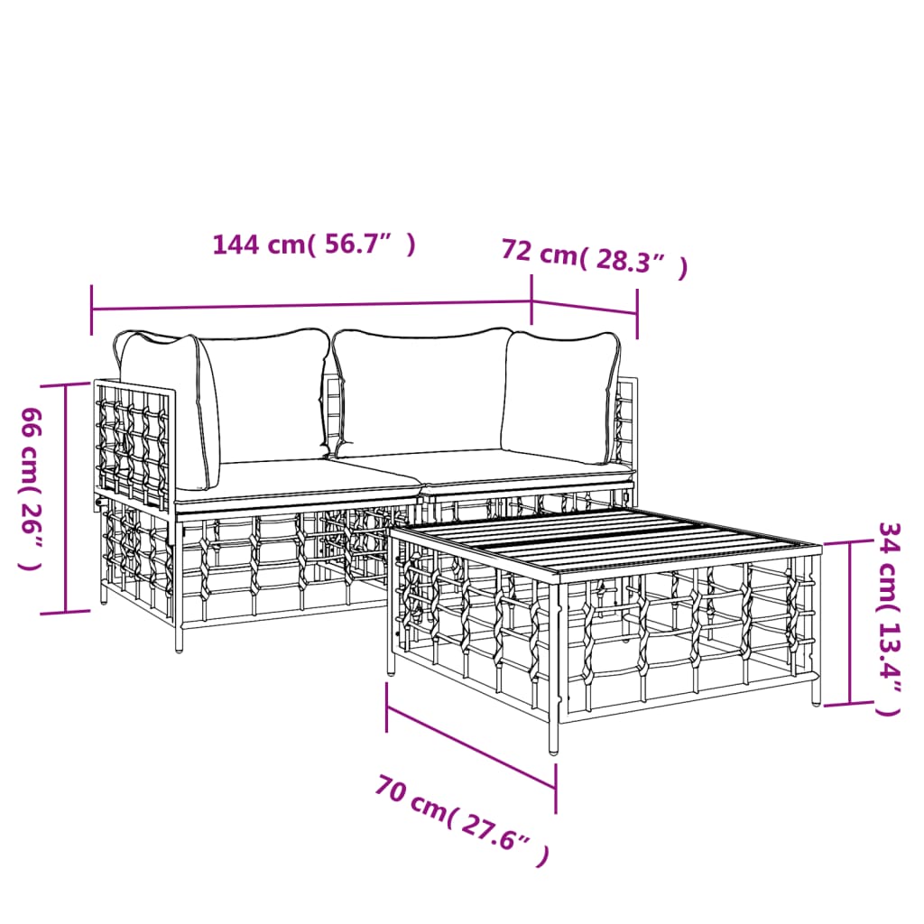 3-Delige Loungeset Met Kussens Poly Rattan Antracietkleurig 1 Beige 2x hoek + Tafel