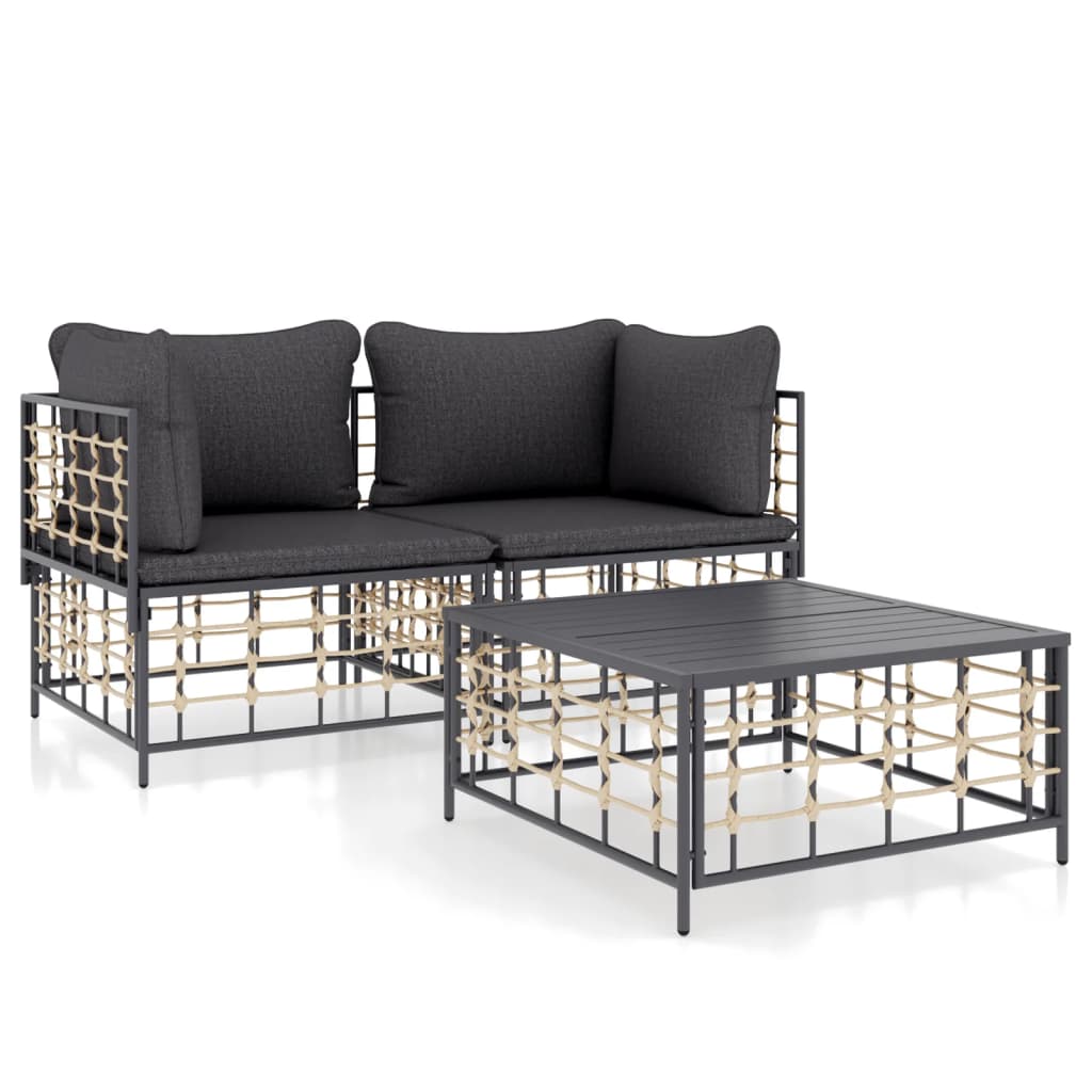 3-Delige Loungeset Met Kussens Poly Rattan Antracietkleurig 1 Donkergrijs 2x hoek + Tafel