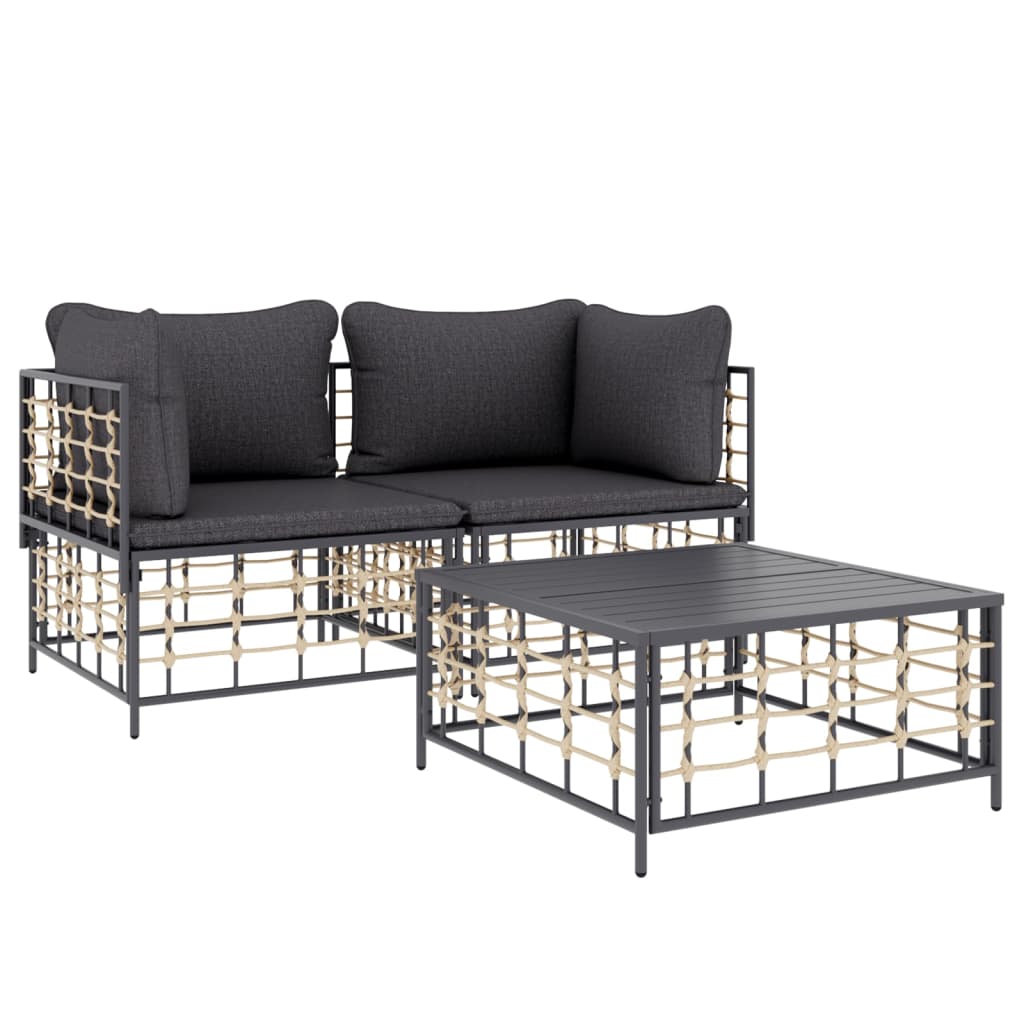 3-Delige Loungeset Met Kussens Poly Rattan Antracietkleurig 1 Donkergrijs 2x hoek + Tafel