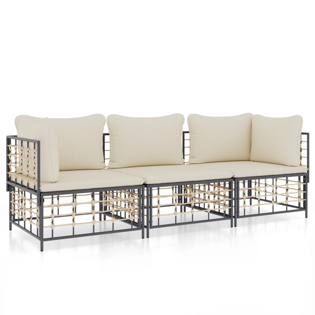 3-Delige Loungeset Met Kussens Poly Rattan Antracietkleurig 1 Beige 2x hoek + midden