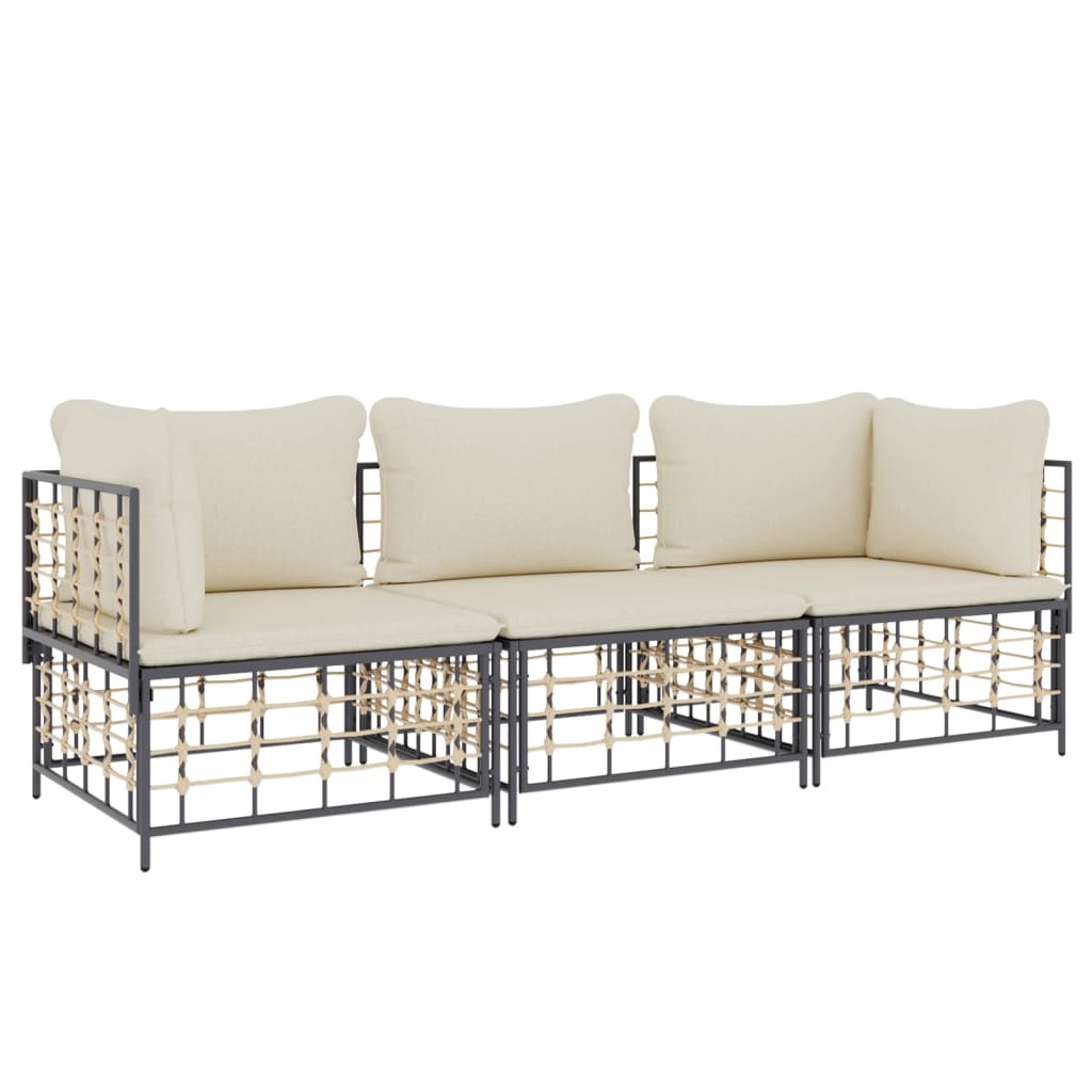 3-Delige Loungeset Met Kussens Poly Rattan Antracietkleurig 1 Beige 2x hoek + midden