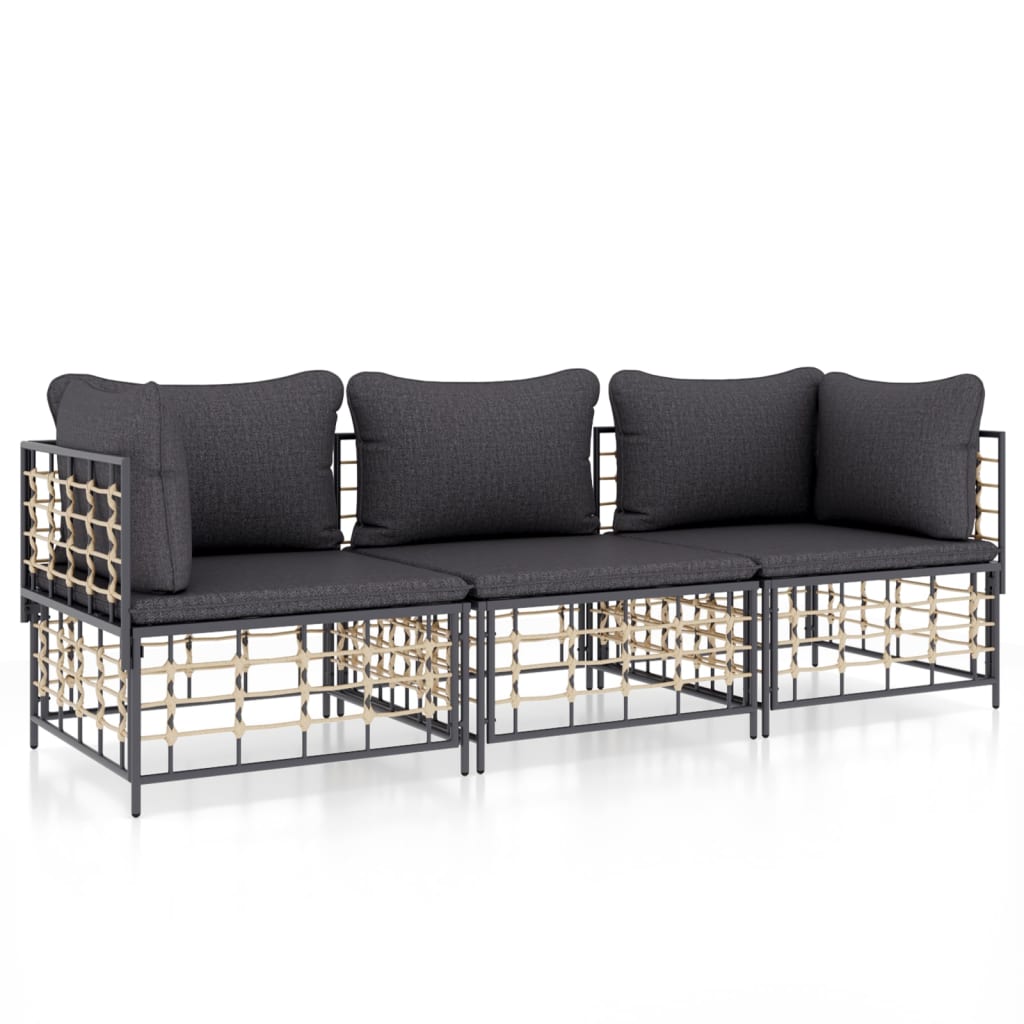 3-Delige Loungeset Met Kussens Poly Rattan Antracietkleurig 1 Donkergrijs 2x hoek + midden