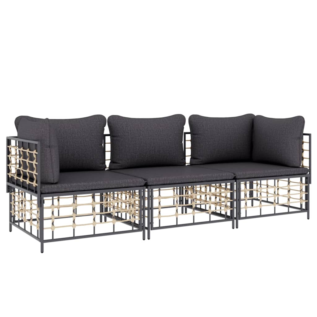 3-Delige Loungeset Met Kussens Poly Rattan Antracietkleurig 1 Donkergrijs 2x hoek + midden