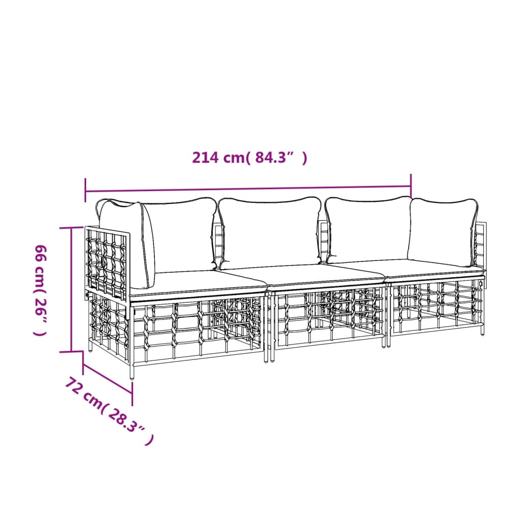 3-Delige Loungeset Met Kussens Poly Rattan Antracietkleurig 1 Donkergrijs 2x hoek + midden