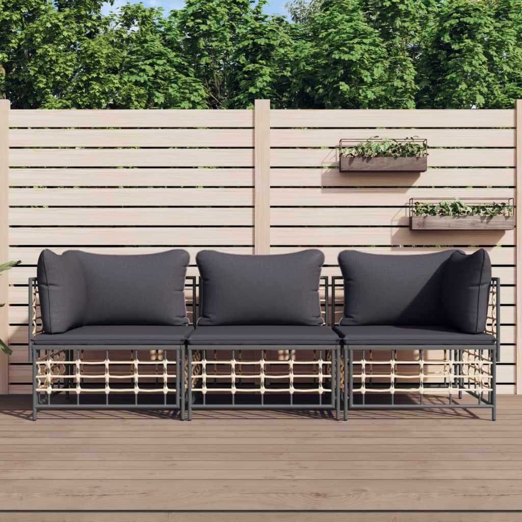 3-Delige Loungeset Met Kussens Poly Rattan Antracietkleurig 1 Donkergrijs 2x hoek + midden