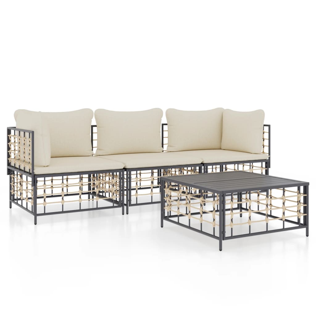 4-Delige Loungeset Met Kussens Poly Rattan Antracietkleurig 1 Beige 2x hoek + midden + Tafel