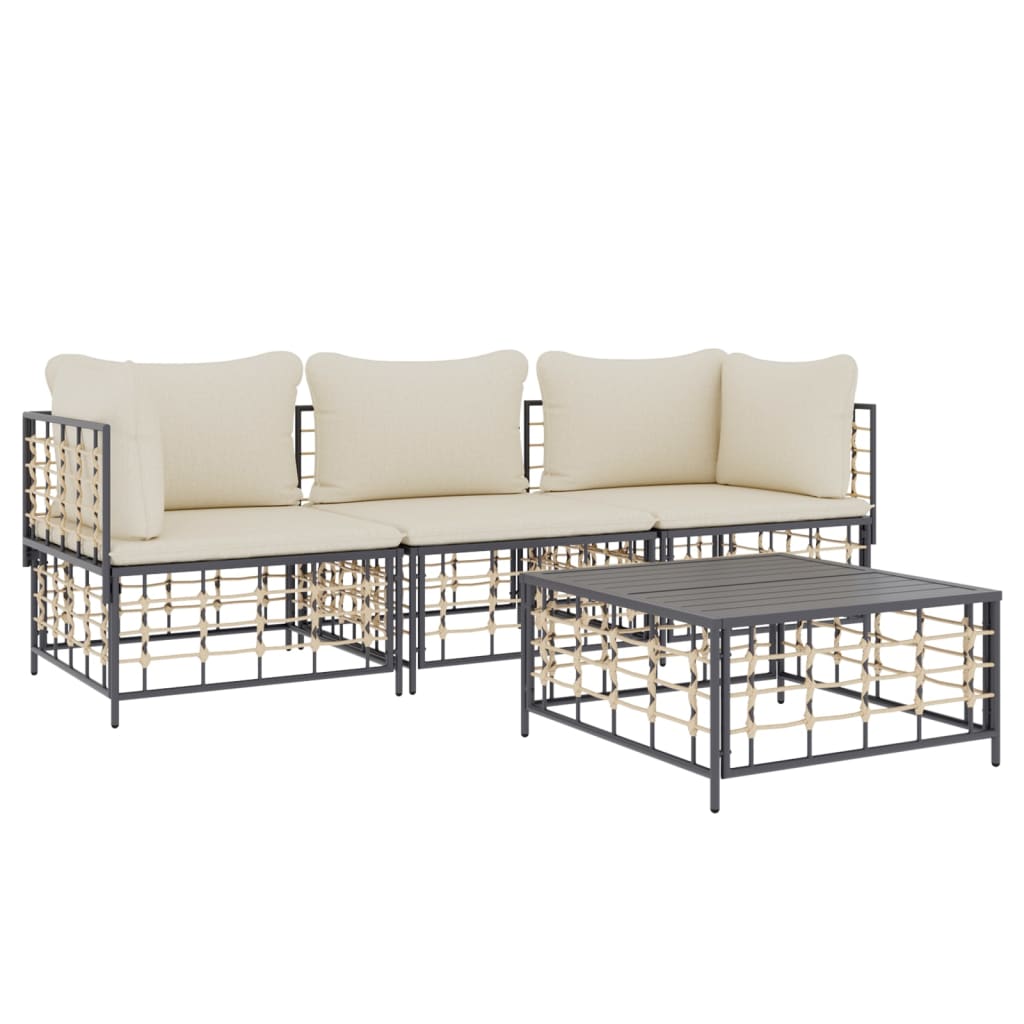 4-Delige Loungeset Met Kussens Poly Rattan Antracietkleurig 1 Beige 2x hoek + midden + Tafel