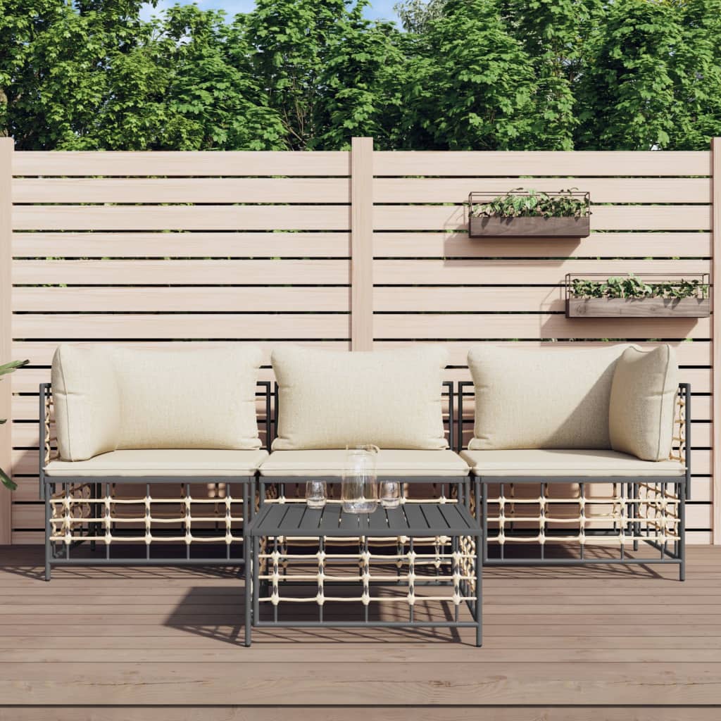 4-Delige Loungeset Met Kussens Poly Rattan Antracietkleurig 1 Beige 2x hoek + midden + Tafel