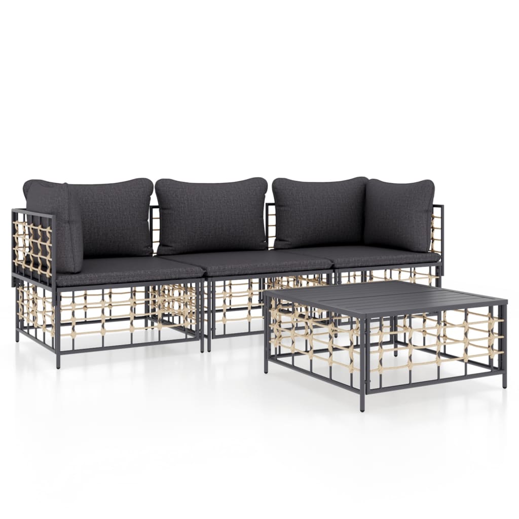 4-Delige Loungeset Met Kussens Poly Rattan Antracietkleurig 1 Donkergrijs 2x hoek + midden + Tafel