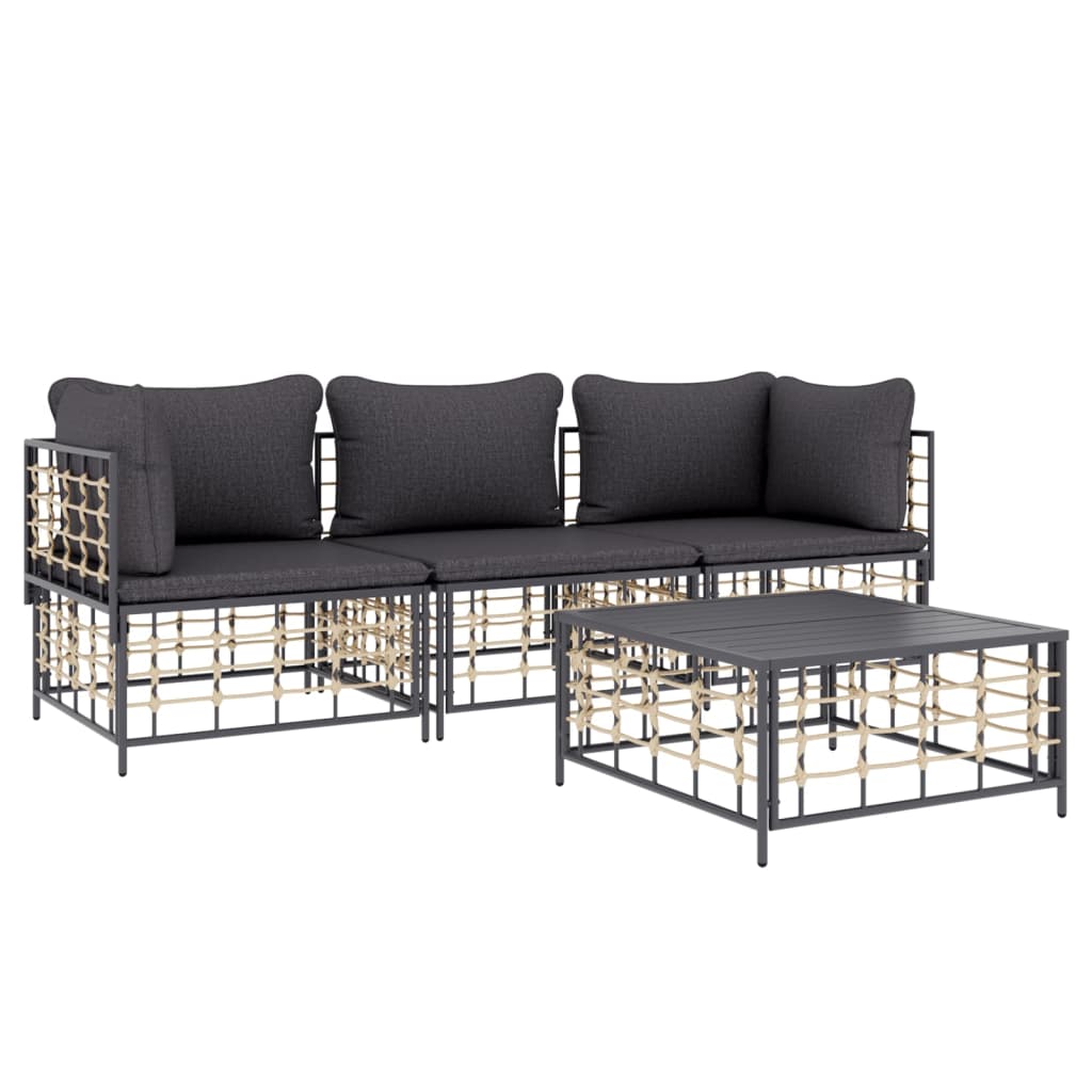 4-Delige Loungeset Met Kussens Poly Rattan Antracietkleurig 1 Donkergrijs 2x hoek + midden + Tafel