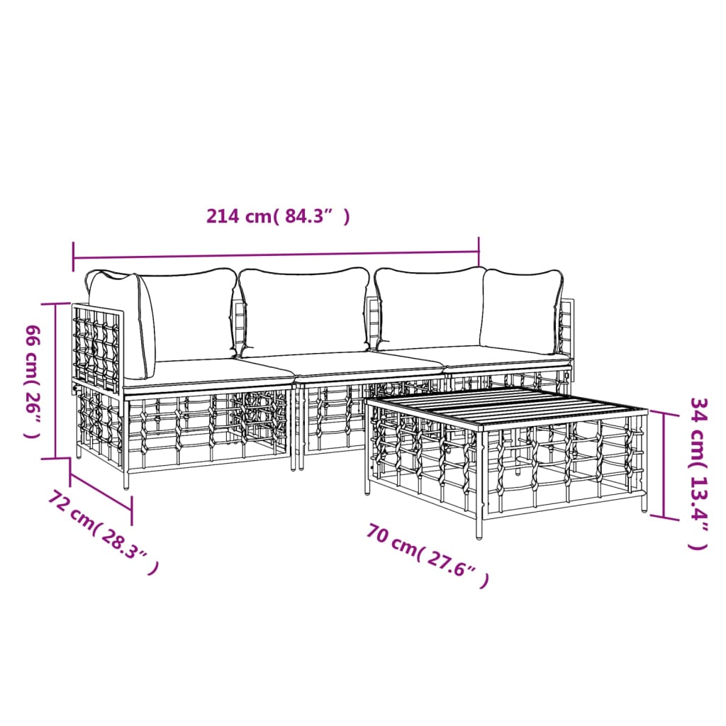 4-Delige Loungeset Met Kussens Poly Rattan Antracietkleurig 1 Donkergrijs 2x hoek + midden + Tafel