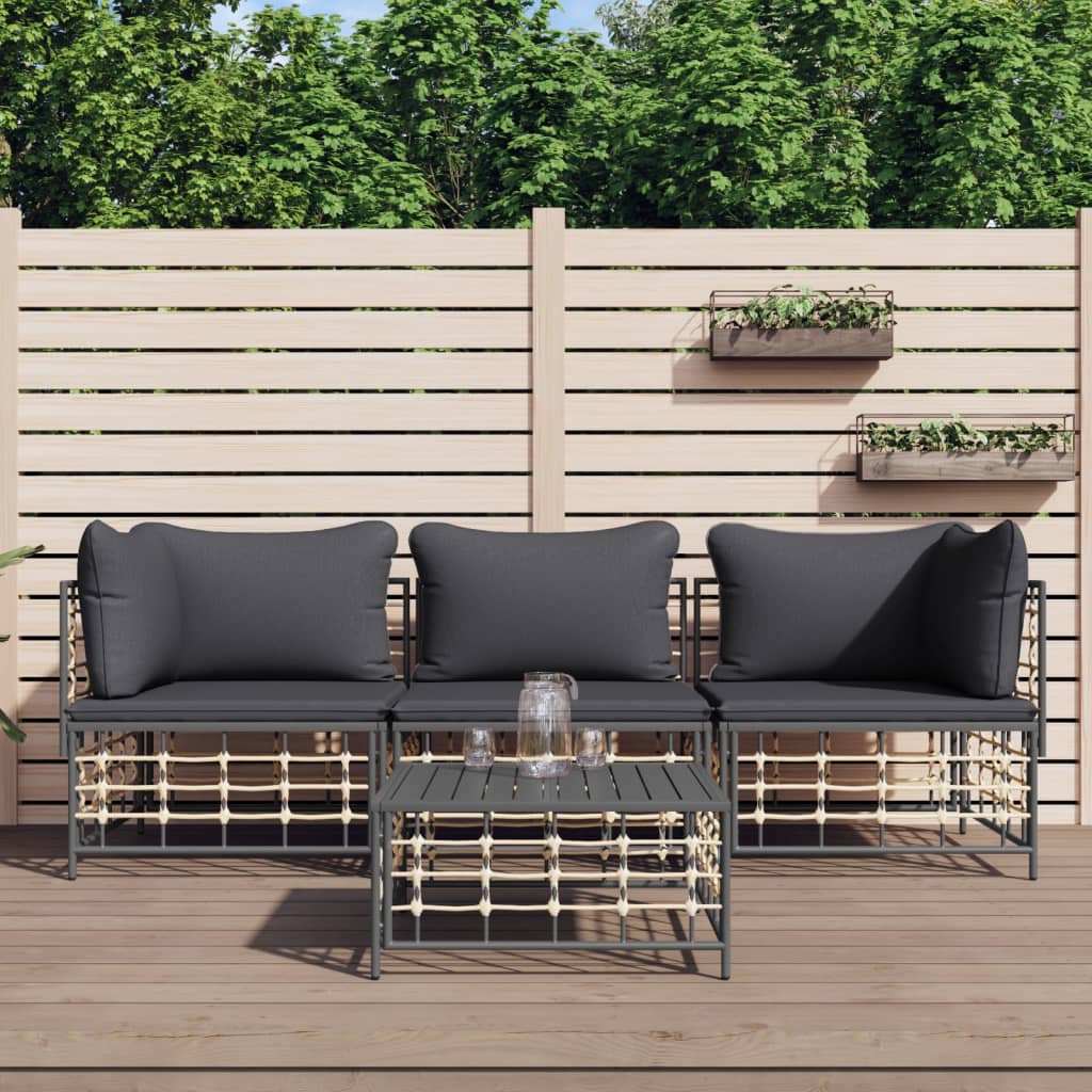 4-Delige Loungeset Met Kussens Poly Rattan Antracietkleurig 1 Donkergrijs 2x hoek + midden + Tafel