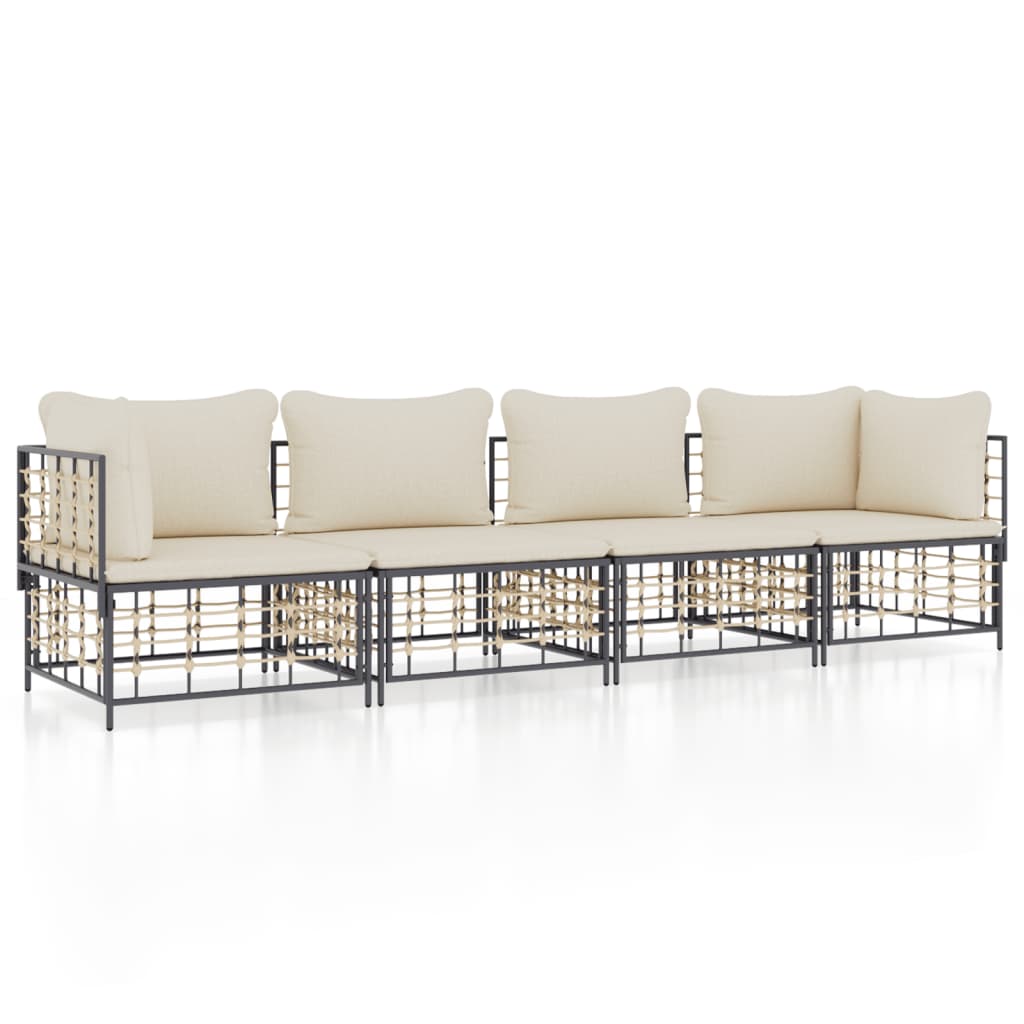 4-Delige Loungeset Met Kussens Poly Rattan Antracietkleurig 1 Beige 2x hoek + 2x midden