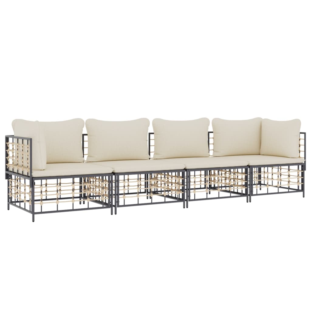 4-Delige Loungeset Met Kussens Poly Rattan Antracietkleurig 1 Beige 2x hoek + 2x midden