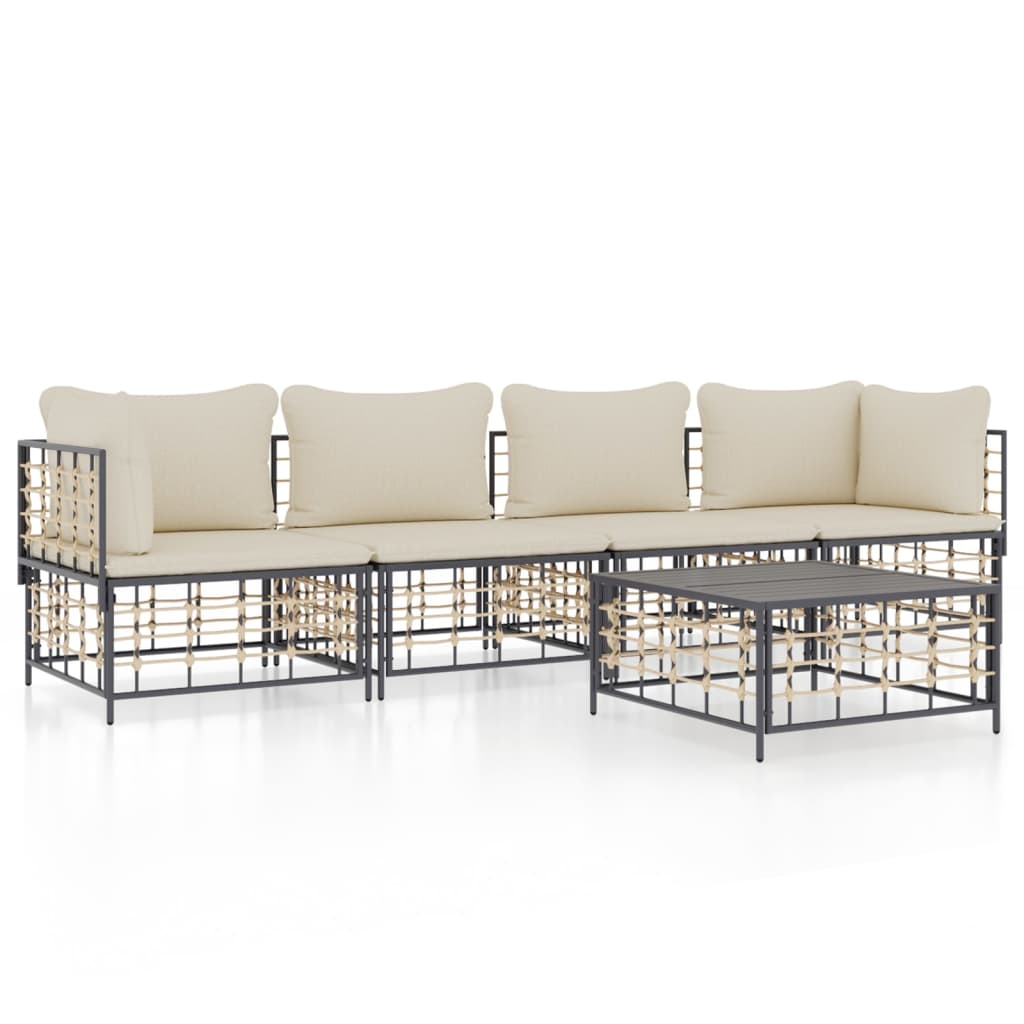 5-Delige Loungeset Met Kussens Poly Rattan Antracietkleurig 1 Beige 2x hoek + 2x midden + Tafel