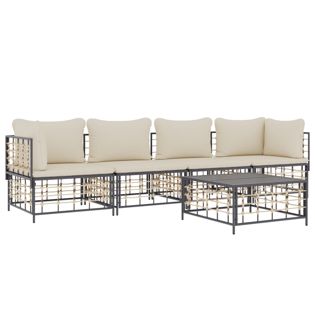 5-Delige Loungeset Met Kussens Poly Rattan Antracietkleurig 1 Beige 2x hoek + 2x midden + Tafel