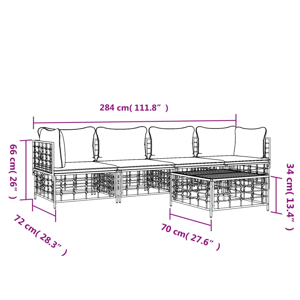 5-Delige Loungeset Met Kussens Poly Rattan Antracietkleurig 1 Beige 2x hoek + 2x midden + Tafel