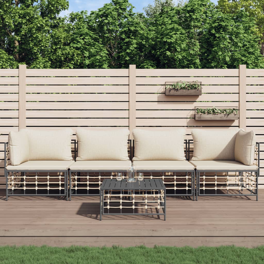 5-Delige Loungeset Met Kussens Poly Rattan Antracietkleurig 1 Beige 2x hoek + 2x midden + Tafel