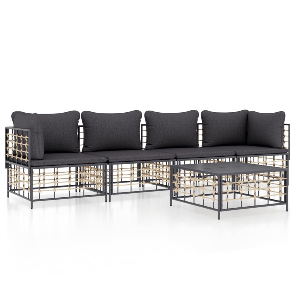 5-Delige Loungeset Met Kussens Poly Rattan Antracietkleurig 1 Donkergrijs 2x hoek + 2x midden + Tafel