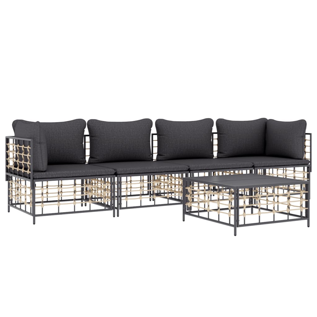 5-Delige Loungeset Met Kussens Poly Rattan Antracietkleurig 1 Donkergrijs 2x hoek + 2x midden + Tafel