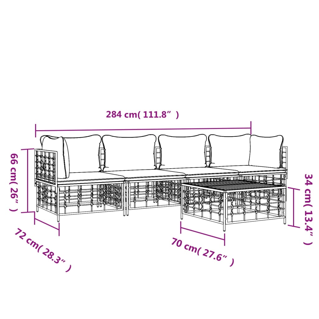 5-Delige Loungeset Met Kussens Poly Rattan Antracietkleurig 1 Donkergrijs 2x hoek + 2x midden + Tafel