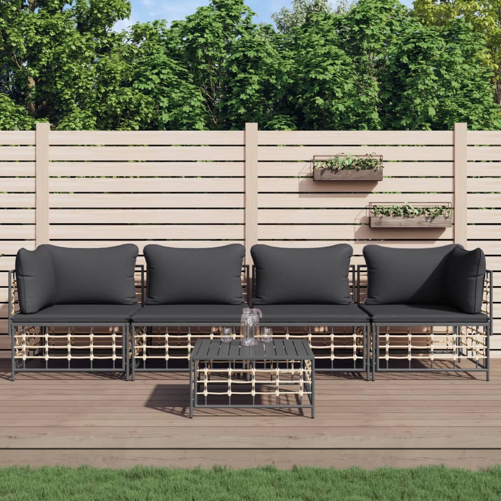 5-Delige Loungeset Met Kussens Poly Rattan Antracietkleurig 1 Donkergrijs 2x hoek + 2x midden + Tafel