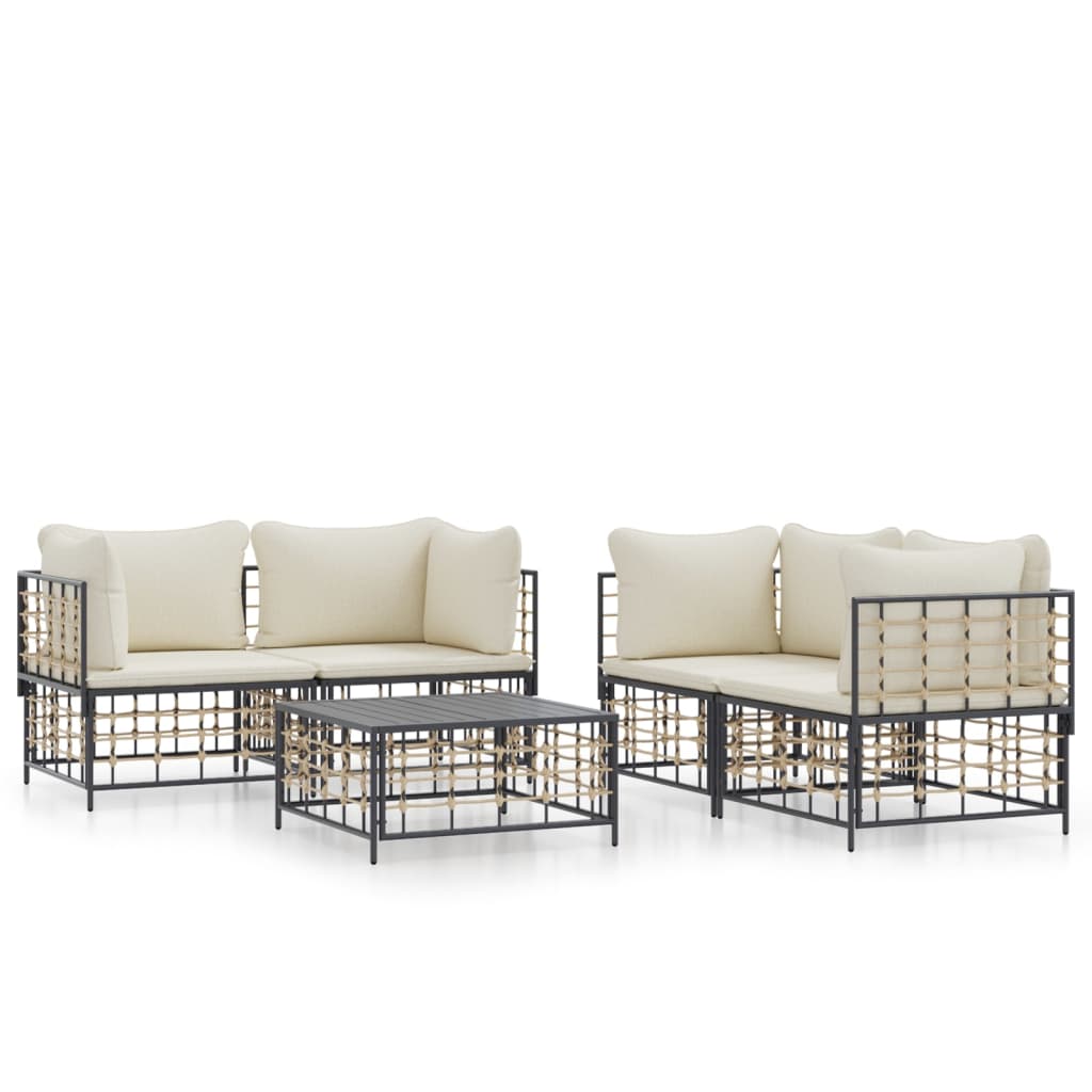 5-Delige Loungeset Met Kussens Poly Rattan Antracietkleurig 1 Beige 4x hoek + Tafel