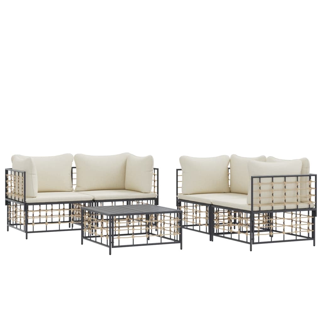 5-Delige Loungeset Met Kussens Poly Rattan Antracietkleurig 1 Beige 4x hoek + Tafel