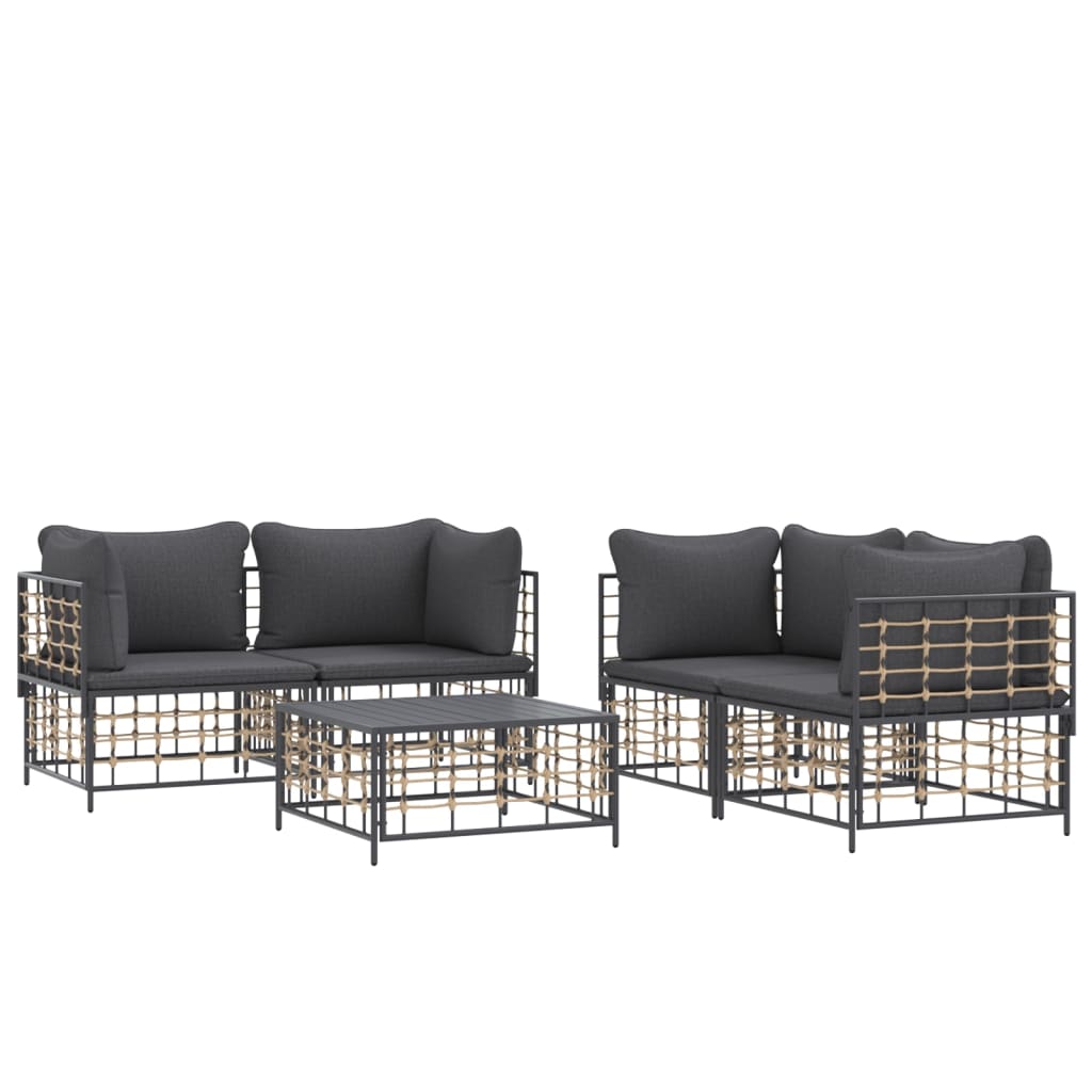 5-Delige Loungeset Met Kussens Poly Rattan Antracietkleurig 1 Donkergrijs 4x hoek + Tafel