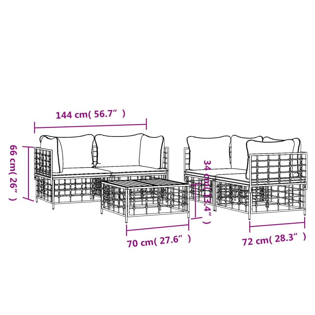 5-Delige Loungeset Met Kussens Poly Rattan Antracietkleurig 1 Donkergrijs 4x hoek + Tafel