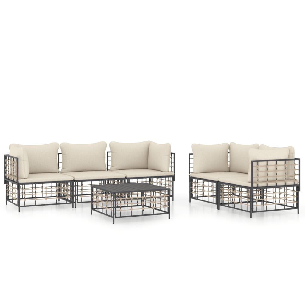 6-Delige Loungeset Met Kussens Poly Rattan Antracietkleurig 1 Beige 4x hoek + midden + Tafel