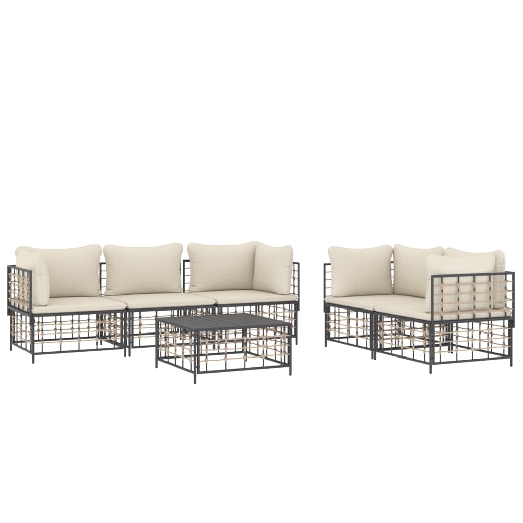 6-Delige Loungeset Met Kussens Poly Rattan Antracietkleurig 1 Beige 4x hoek + midden + Tafel