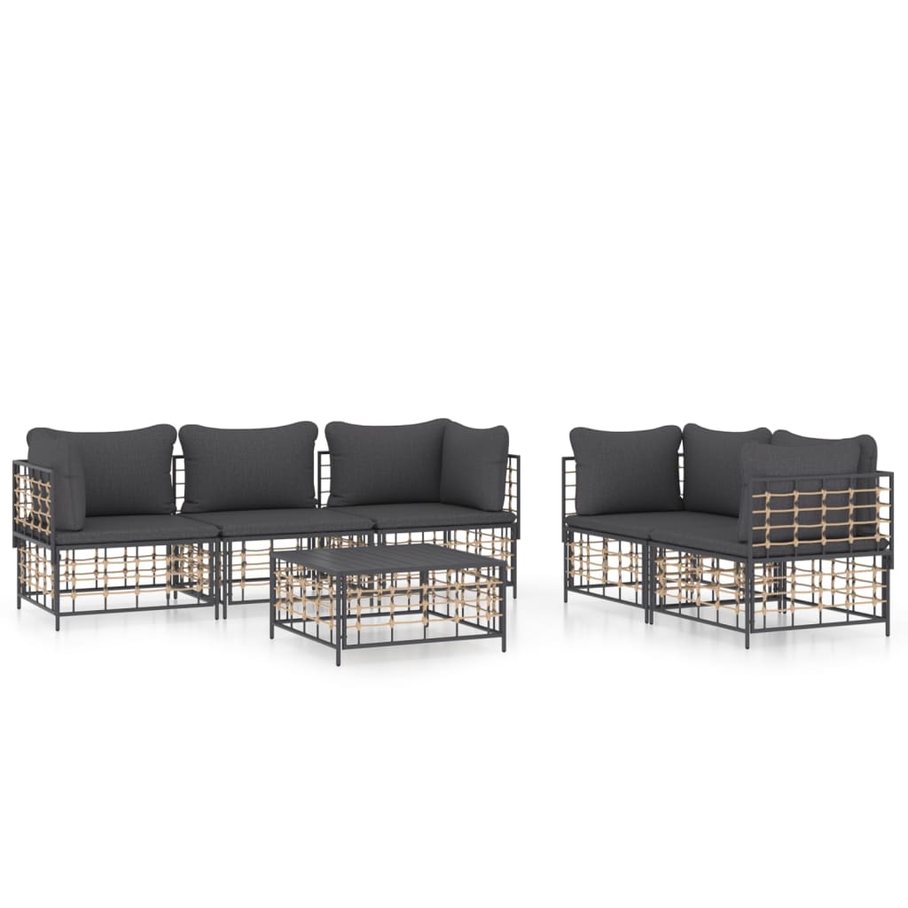 6-Delige Loungeset Met Kussens Poly Rattan Antracietkleurig 1 Donkergrijs 4x hoek + midden + Tafel