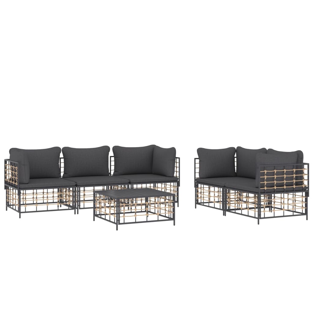 6-Delige Loungeset Met Kussens Poly Rattan Antracietkleurig 1 Donkergrijs 4x hoek + midden + Tafel