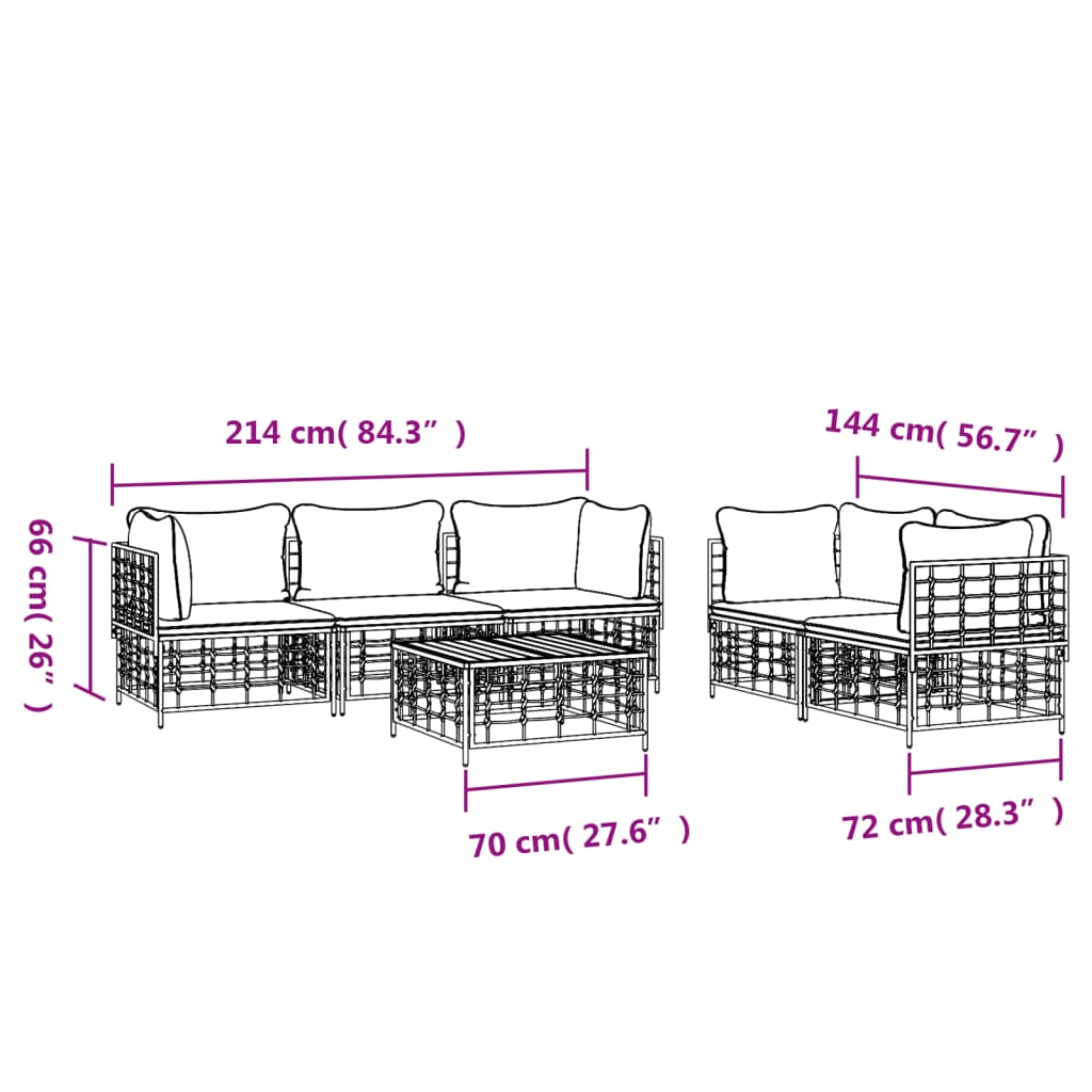 6-Delige Loungeset Met Kussens Poly Rattan Antracietkleurig 1 Donkergrijs 4x hoek + midden + Tafel