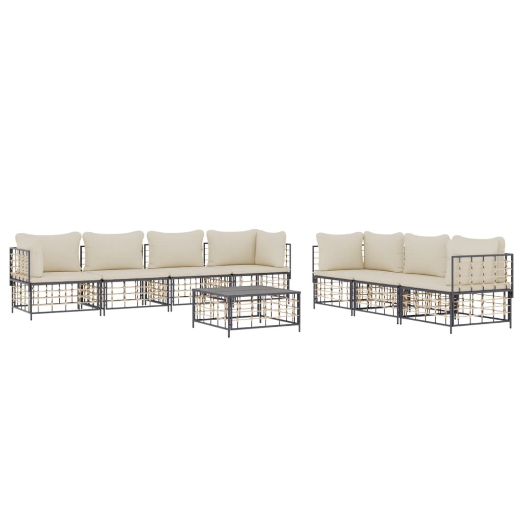 8-Delige Loungeset Met Kussens Poly Rattan Antracietkleurig 1 Beige 4x hoek + 3x midden + Tafel