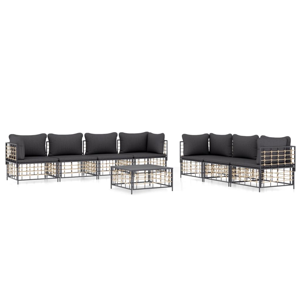 8-Delige Loungeset Met Kussens Poly Rattan Antracietkleurig 1 Donkergrijs 4x hoek + 3x midden + Tafel