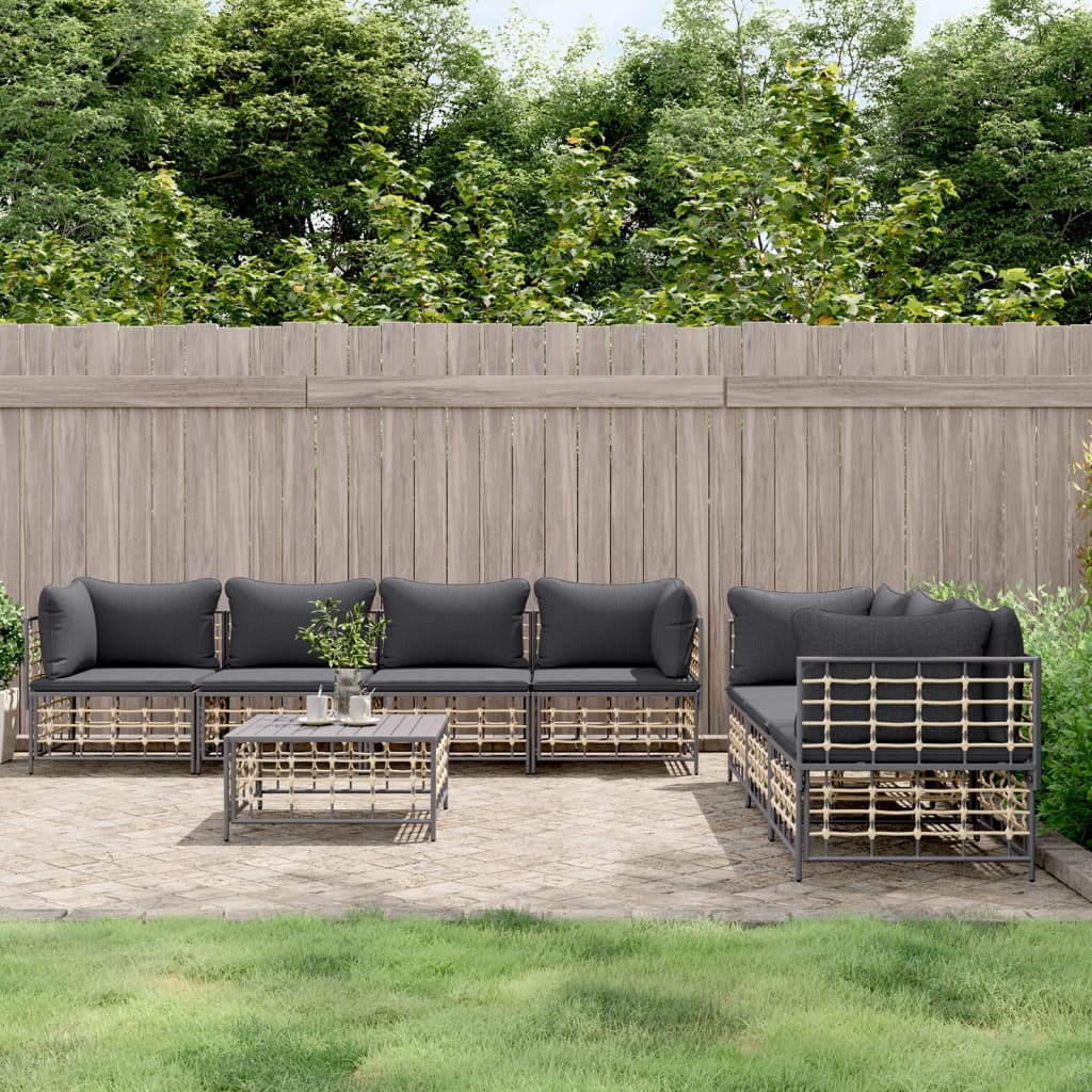 8-Delige Loungeset Met Kussens Poly Rattan Antracietkleurig 1 Donkergrijs 4x hoek + 3x midden + Tafel