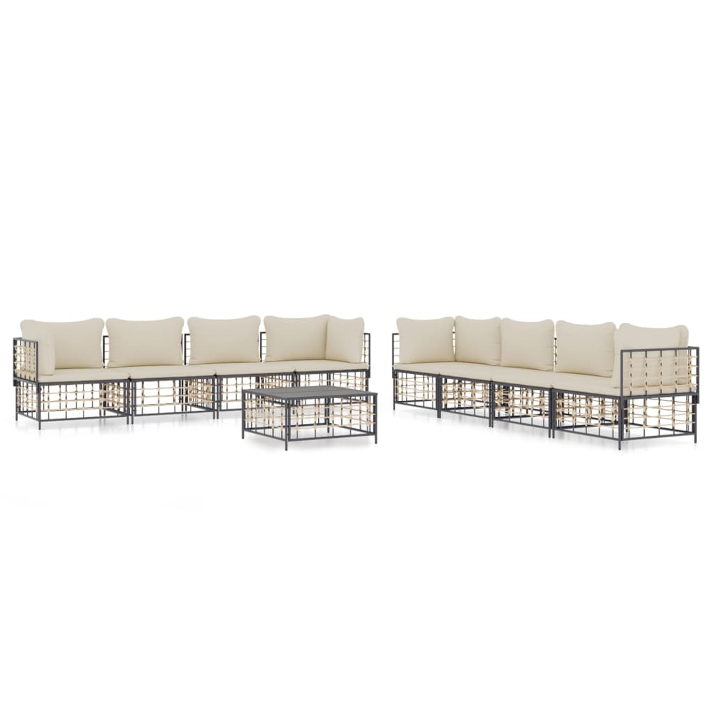 9-Delige Loungeset Met Kussens Poly Rattan Antracietkleurig 1 Beige 4x hoek + 4x midden + Tafel