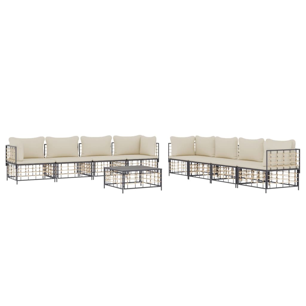 9-Delige Loungeset Met Kussens Poly Rattan Antracietkleurig 1 Beige 4x hoek + 4x midden + Tafel