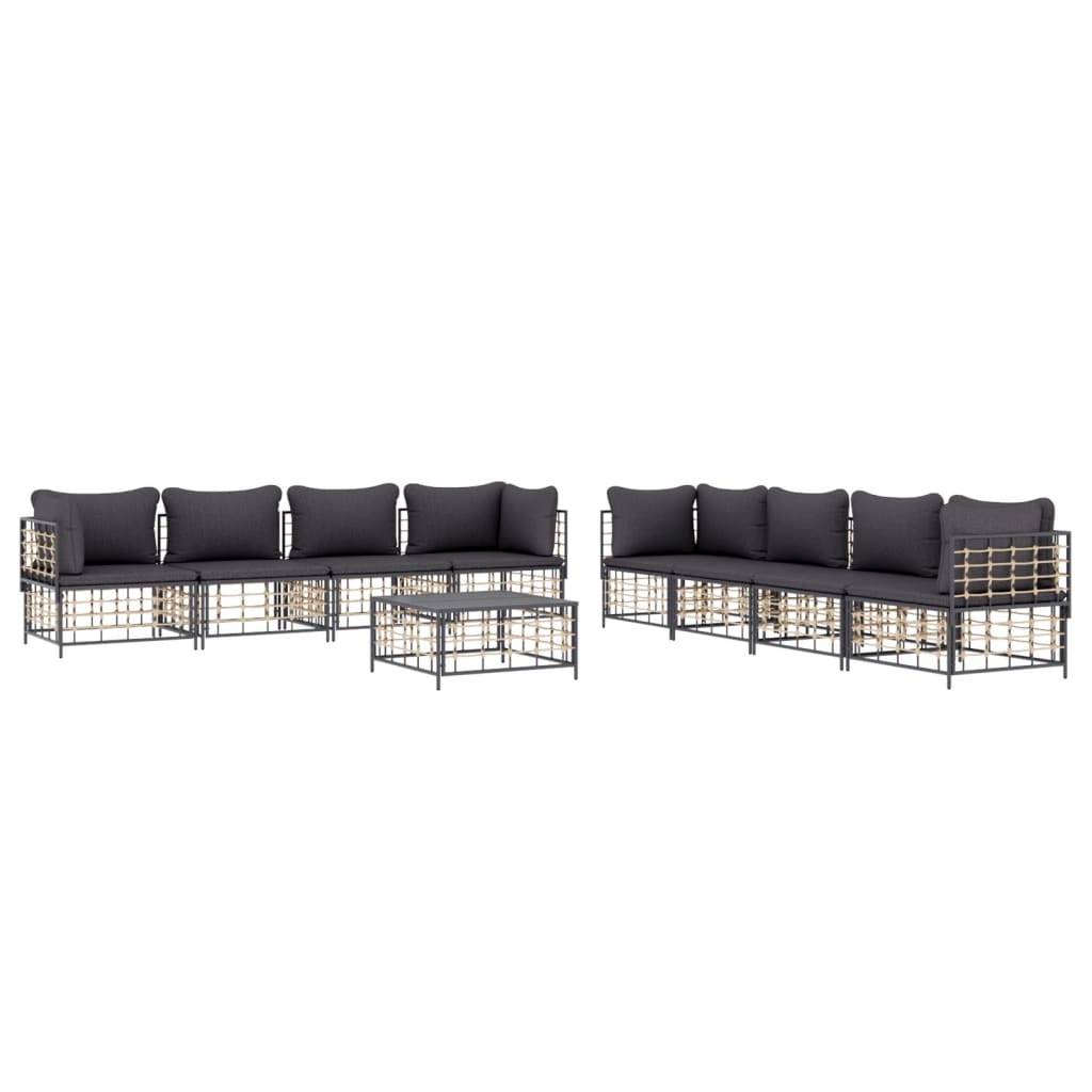 9-Delige Loungeset Met Kussens Poly Rattan Antracietkleurig 1 Donkergrijs 4x hoek + 4x midden + Tafel