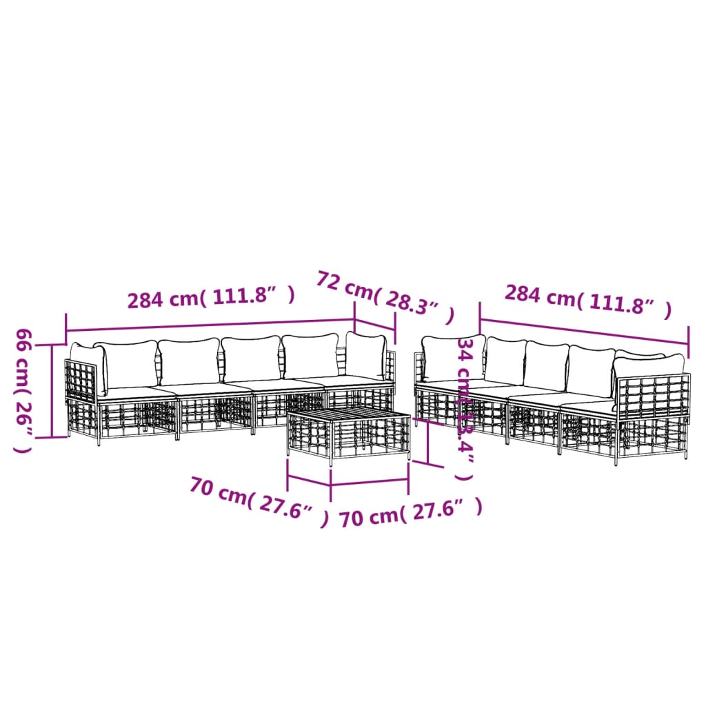 9-Delige Loungeset Met Kussens Poly Rattan Antracietkleurig 1 Donkergrijs 4x hoek + 4x midden + Tafel